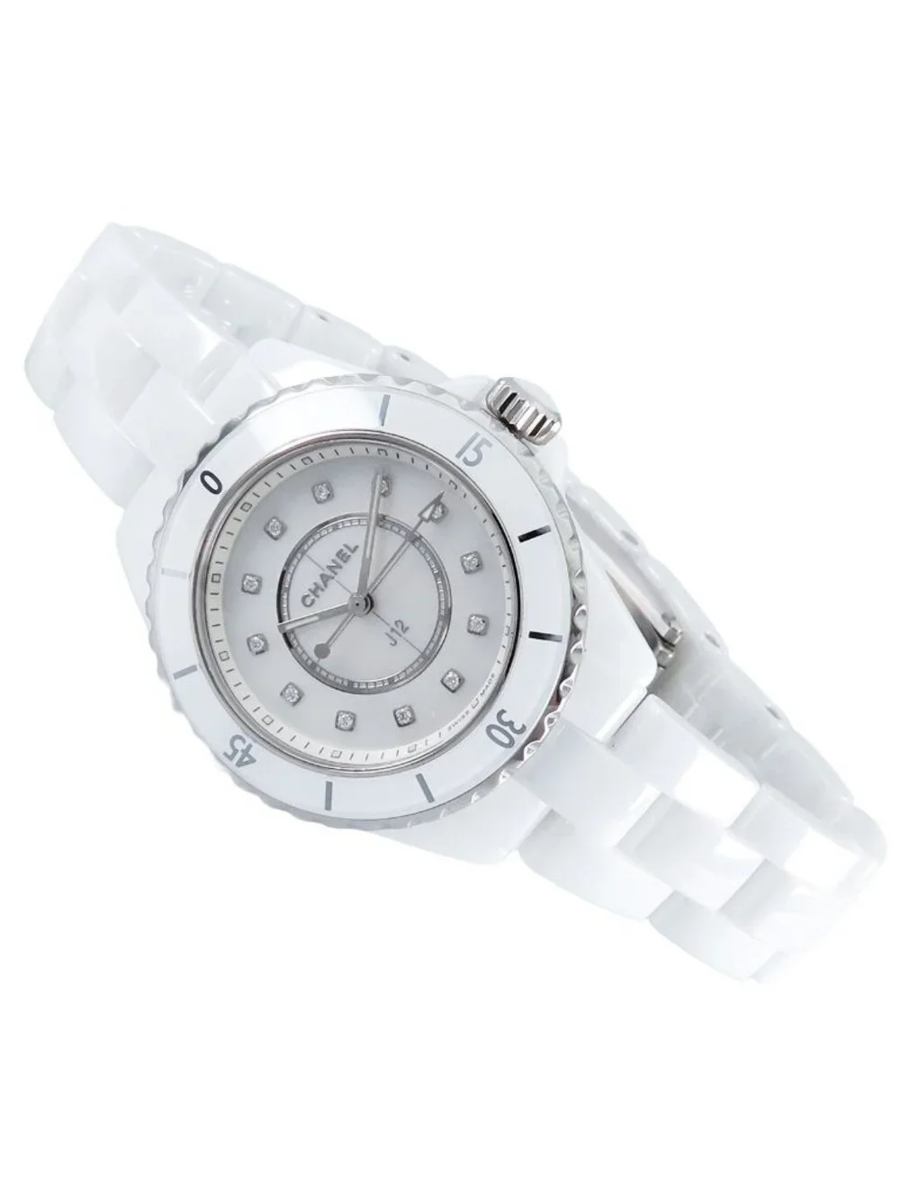Chanel White Shell Ceramic Diamond SS 33 Watch Quartz